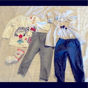 Bundle of baby girl jegging pants, socks and tops